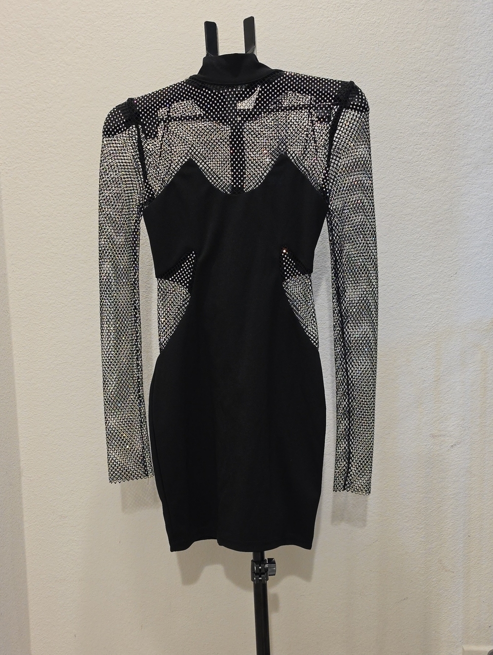 Fashion Nova Black Mesh Long Sleeve Bodycon Dress with High Neck